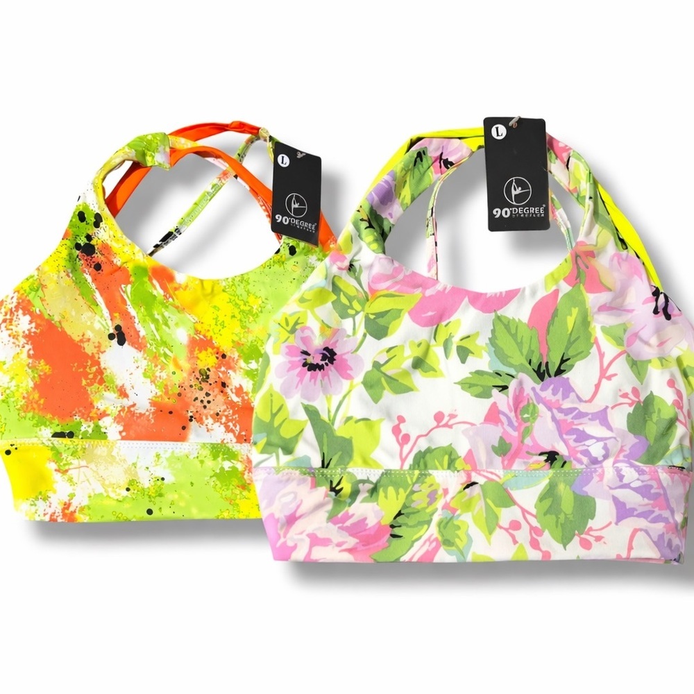 90 Degree | NWT Bundle 2 Pack Sports Bras - Neon Splash & Floral Pink/Green (L)